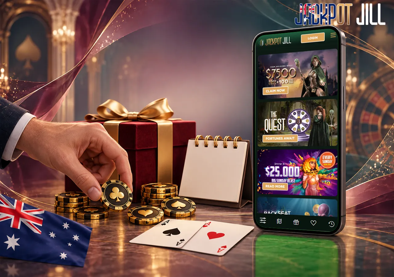 Promotional offers glow on a phone beside a gift box, poker chip and notepad