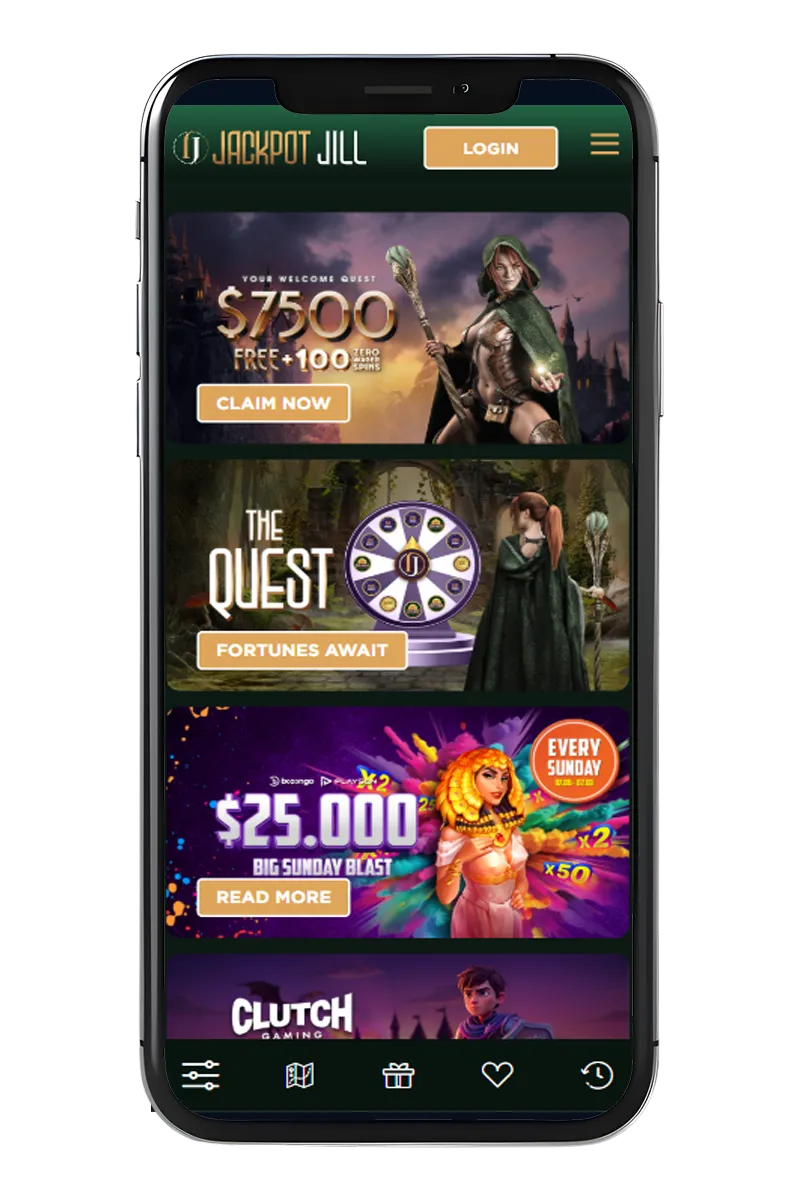 Mobile phone screenshot showing Jackpot Jill bonuses.
